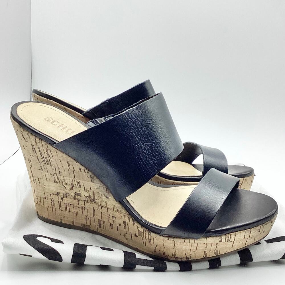 Schutz Kai Soft Black Leather Slip On Cork Wedge Sandal 10 NEW Dustbag